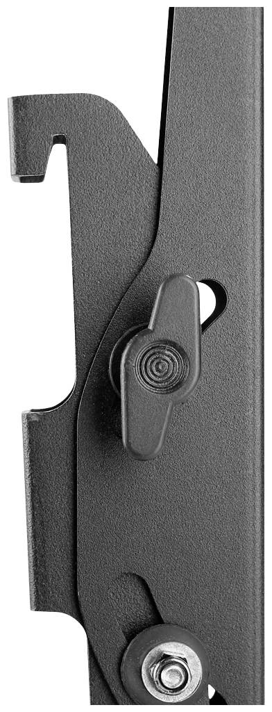 Metal closure mechanism in close-up, showing a lever and a screw on the left side of an industrial device.