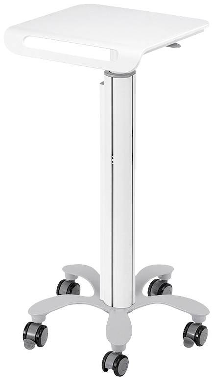 A white mobile stand with five castors and a flat table top, suitable for office or medical equipment.