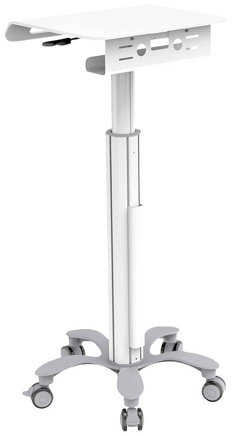 White medical equipment trolley with wheels, height-adjustable, suitable for flexible use and easy movement in hospitals.