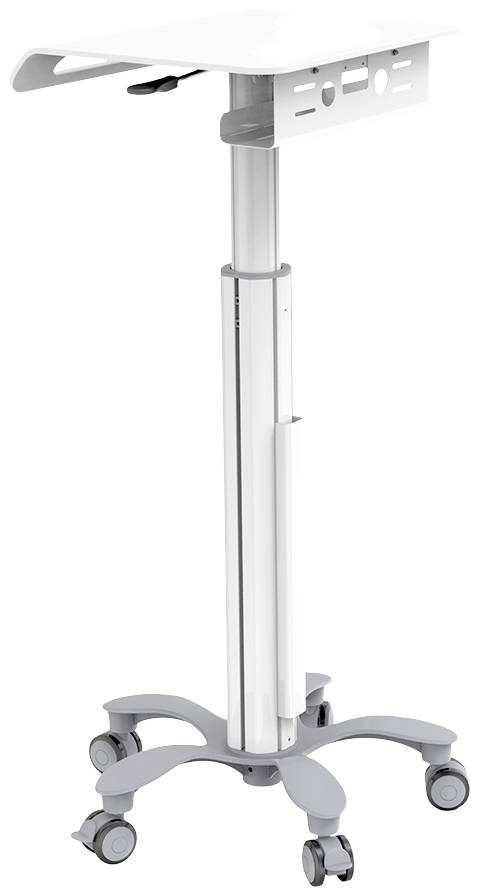 Rollaway white standing desk with adjustable height, suitable for flexible working, mounted on four wheels for easy mobility.