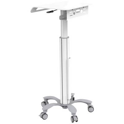 Rollaway white standing desk with adjustable height, suitable for flexible working, mounted on four wheels for easy mobility.