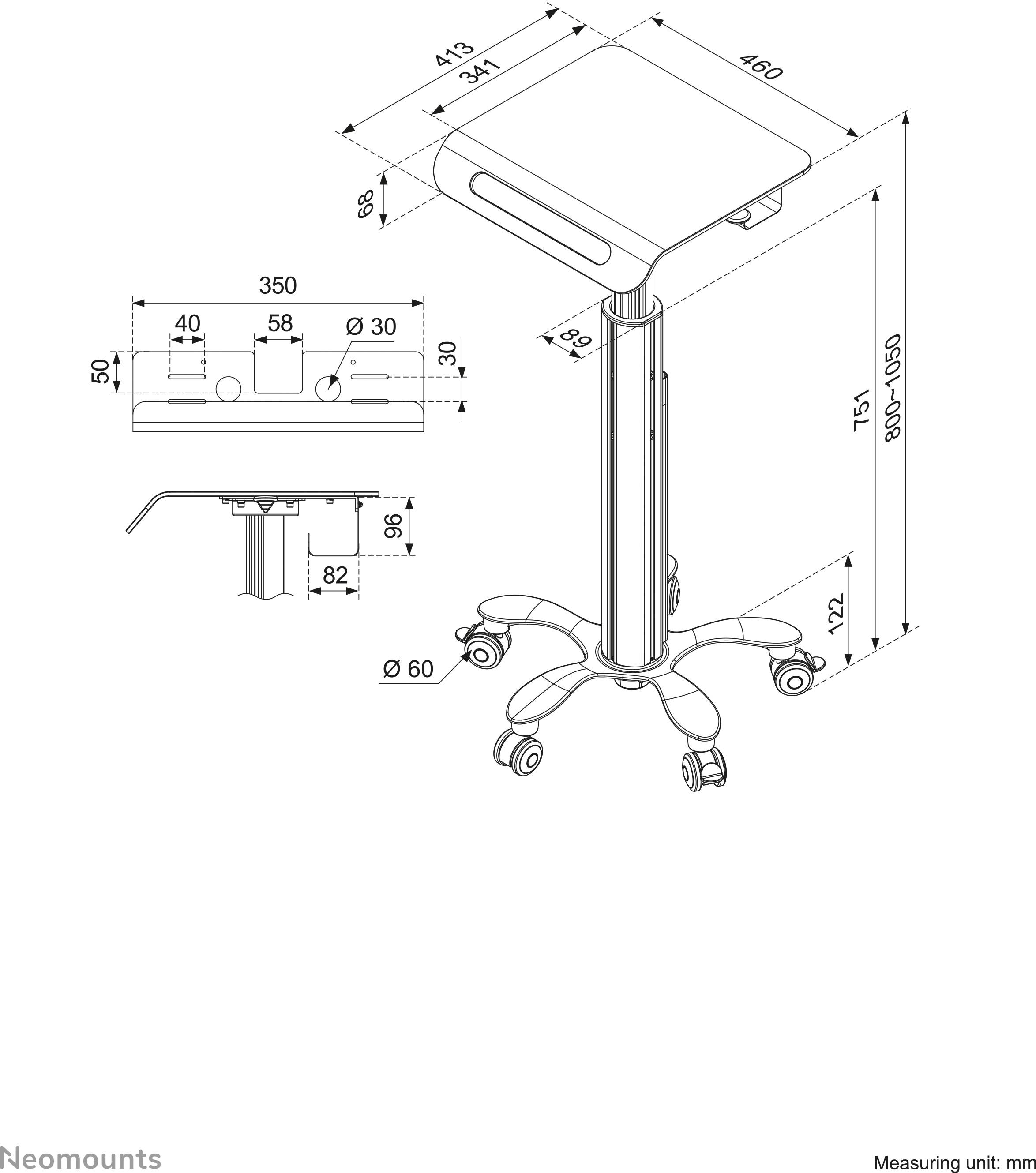 Technical drawing of an adjustable-height mobile table with dimensional units in millimetres. Main and side views with wheelbase diagram.