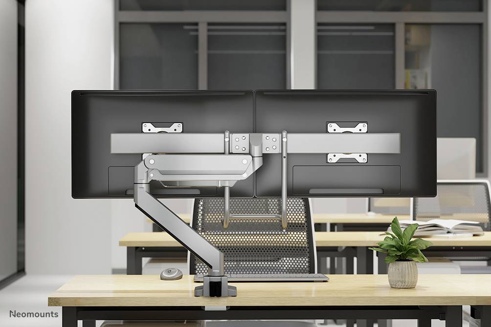 Two monitors on a desk are mounted on a dual monitor stand. A small green plant pot sits beside them.