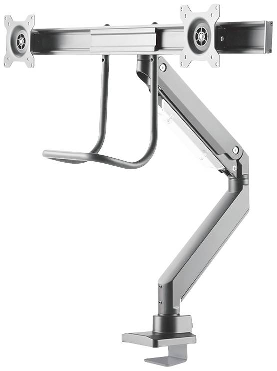 Monitor mount with two articulated arms that can be attached to a desk. Suitable for mounting two monitors.