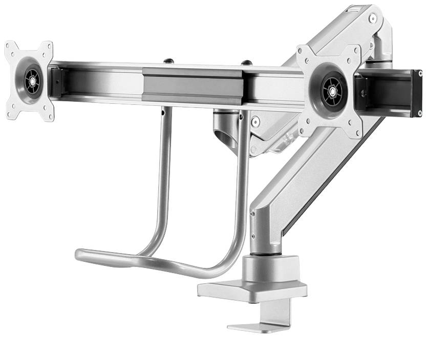 Silver, adjustable monitor arm with two mounting brackets for desk attachment. Ideal for ergonomic optimisation in the workplace.