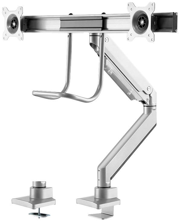 A metal dual monitor mount attached to an adjustable arm, suitable for desk mounting, with a screw clamp and supports.