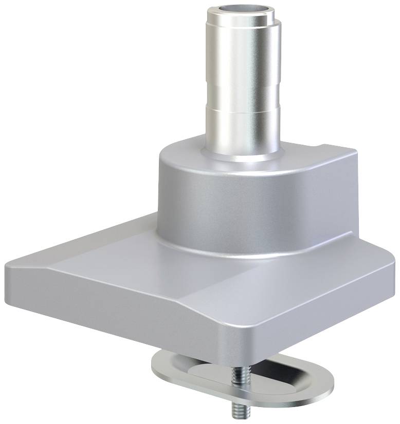 Metallic, trapezoidal mounting bracket with a cylindrical tube section. Used as a fixing element, robust and modernly designed.