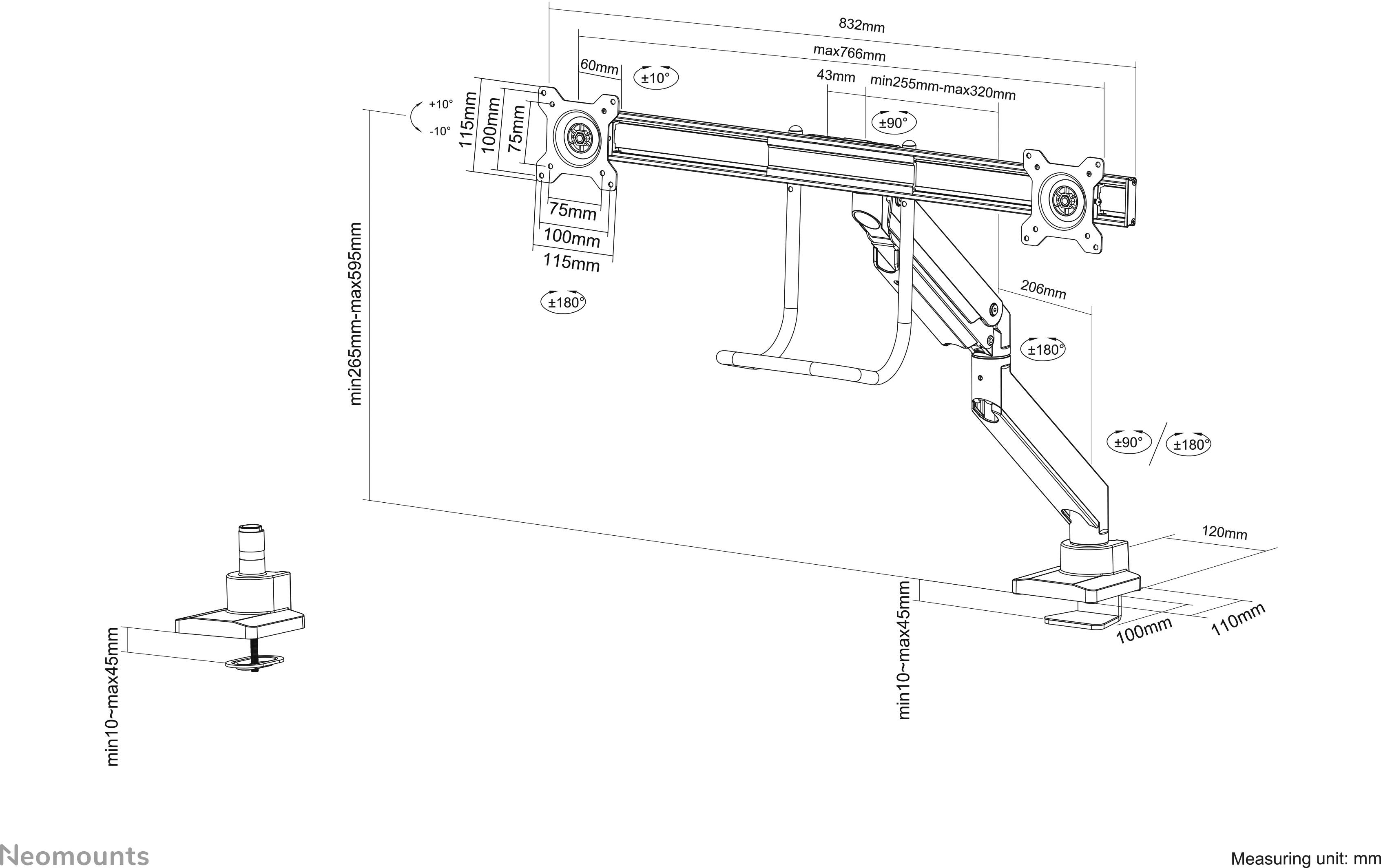 'Drawing of a dual-arm monitor mount with detailed measurements. Shows maximum and minimum adjustable heights and distances of the mounting brackets.'