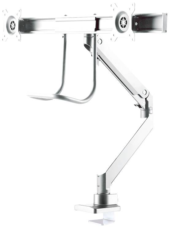 A height-adjustable metal monitor arm for mounting on a desk, suitable for two screens.