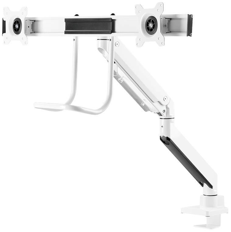 A dual monitor arm for desk mounting with adjustable brackets, suitable for two screens. Colour: White and Black.