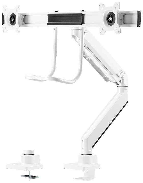 A white, adjustable monitor arm with two mounts, suitable for attaching two screens to a desk.