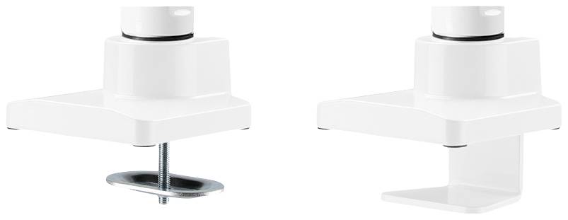 Two white table clamps, left with a screw for secure mounting, right for hooking onto table edge.