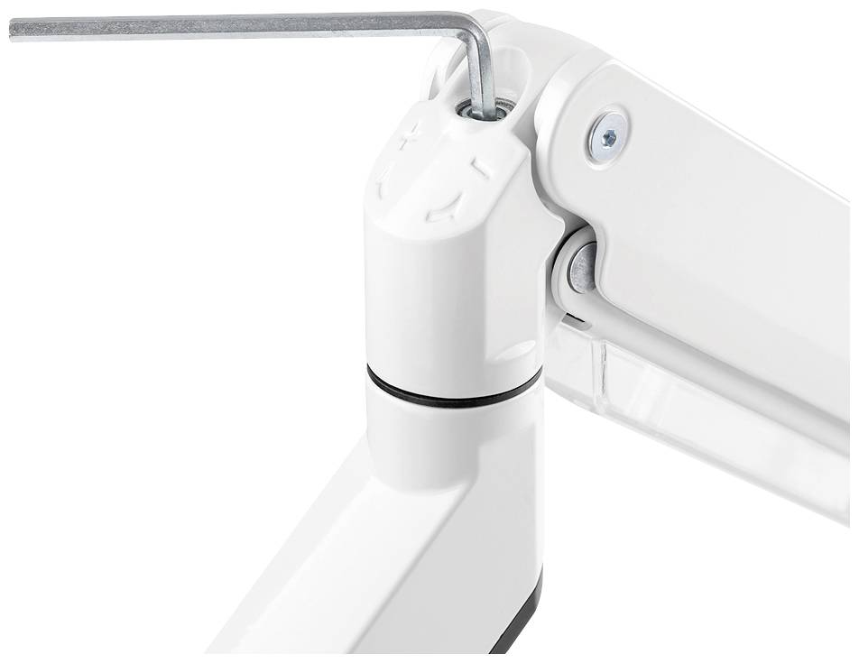 A white joint with a screw is being tightened with an Allen key. The joint is part of a larger mechanical system.