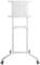 White, mobile TV stand with rectangular mounting bracket, suitable for flat screens.