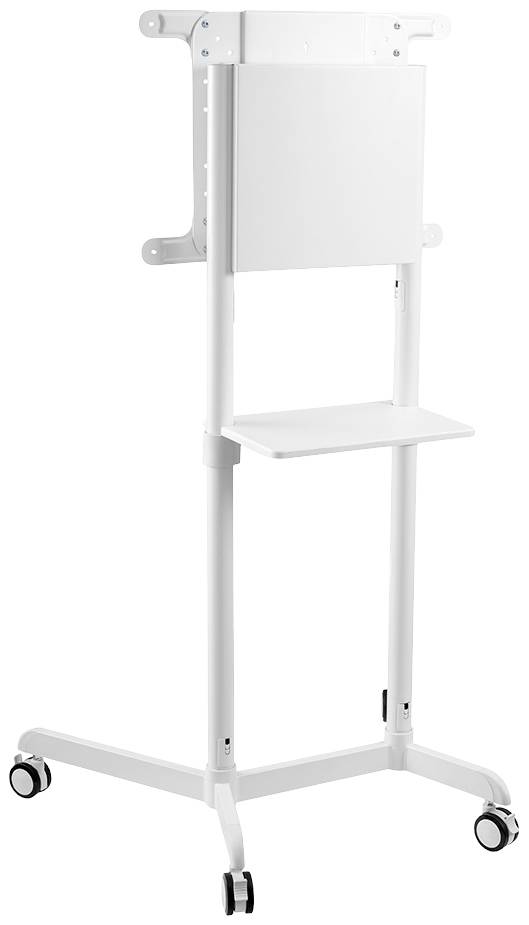 White mobile TV stand on wheels, height-adjustable, with storage shelf. Ideal for presentations and flexible room layout.