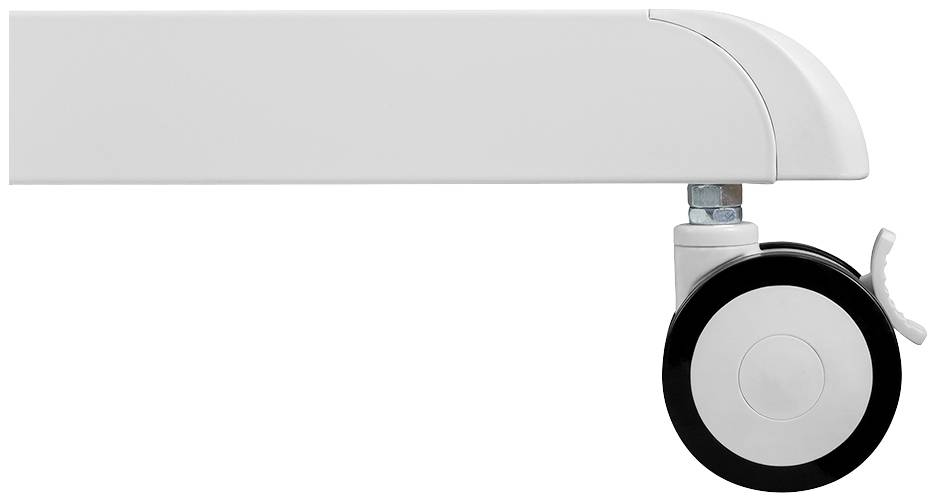 Close-up of a white furniture castor with a black rim, attached to a leg. Suitable for furniture with rolling functionality.