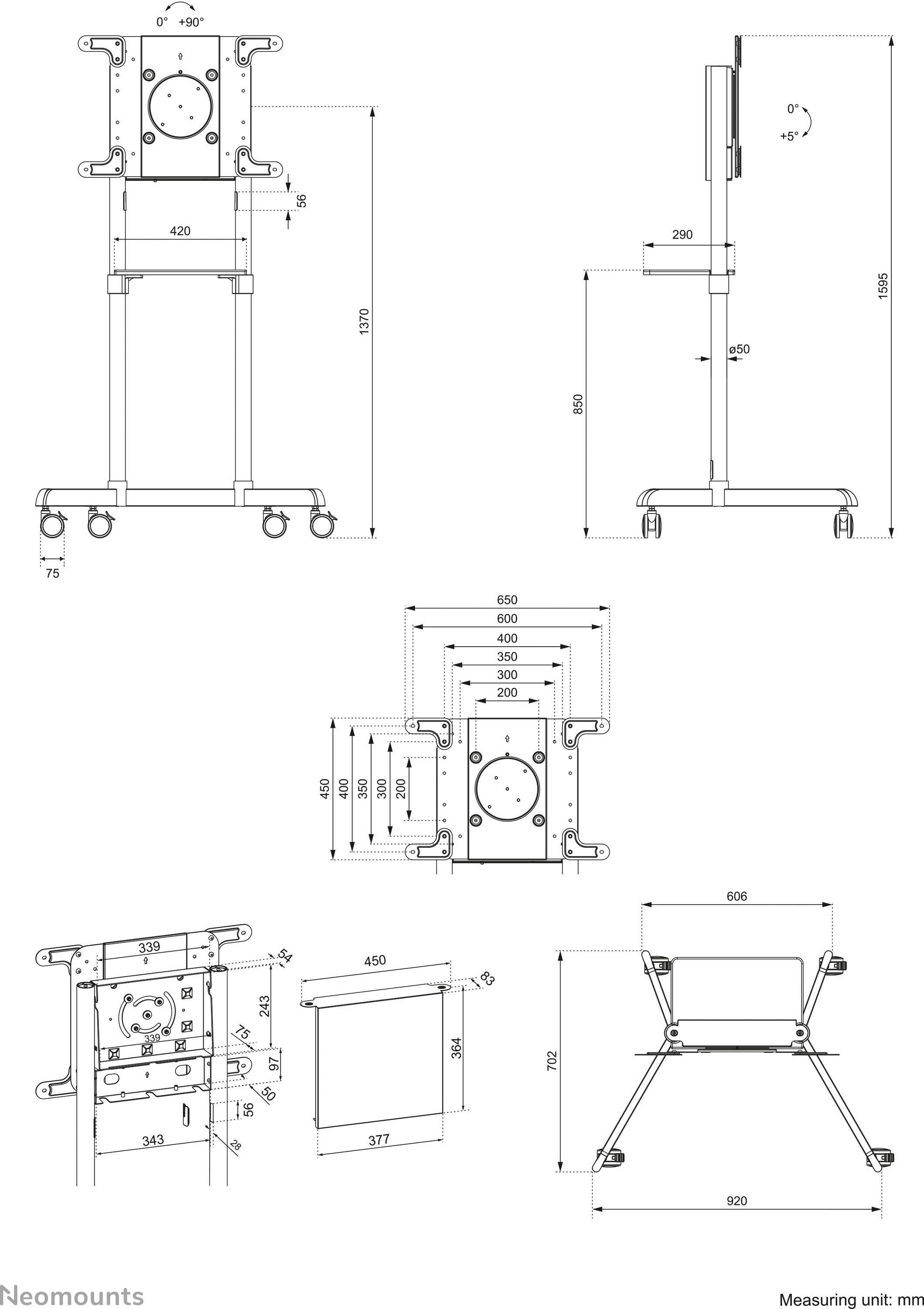 Technical drawings of a mobile TV stand with dimensions in millimetres; showing front, side, and top views.