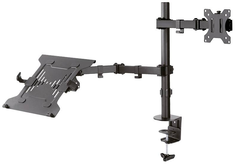 Monitor and laptop mount for desk mounting, adjustable with pivoting arms. Suitable for flexible workspace adaptation.