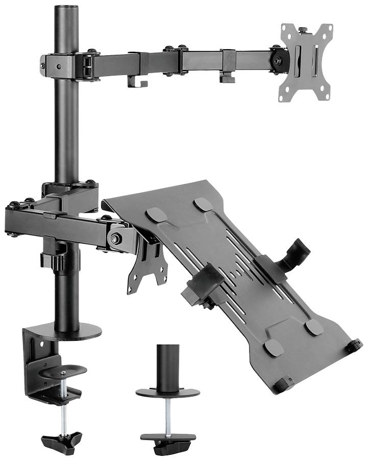 Metal monitor and laptop mount with adjustable arm and two clamps for attaching to a desk.