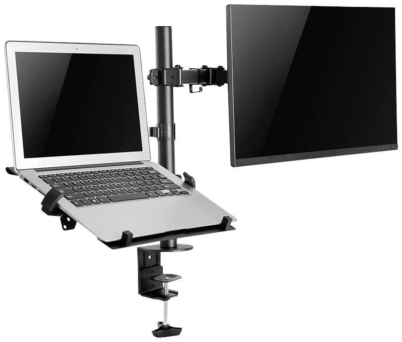 Laptop and Monitor Mounting Bracket for Desk Attachment. Laptop on a shelf, beside an adjustable monitor arm. Ideal for ergonomic working.