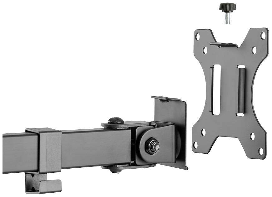 A black TV wall mount with a movable arm, screw fixing, and VESA plate for mounting a screen on the wall.