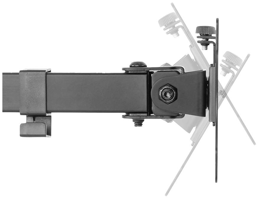 Metallic monitor arm in side view, showing tilting mechanism and adjustability to different viewing angles.