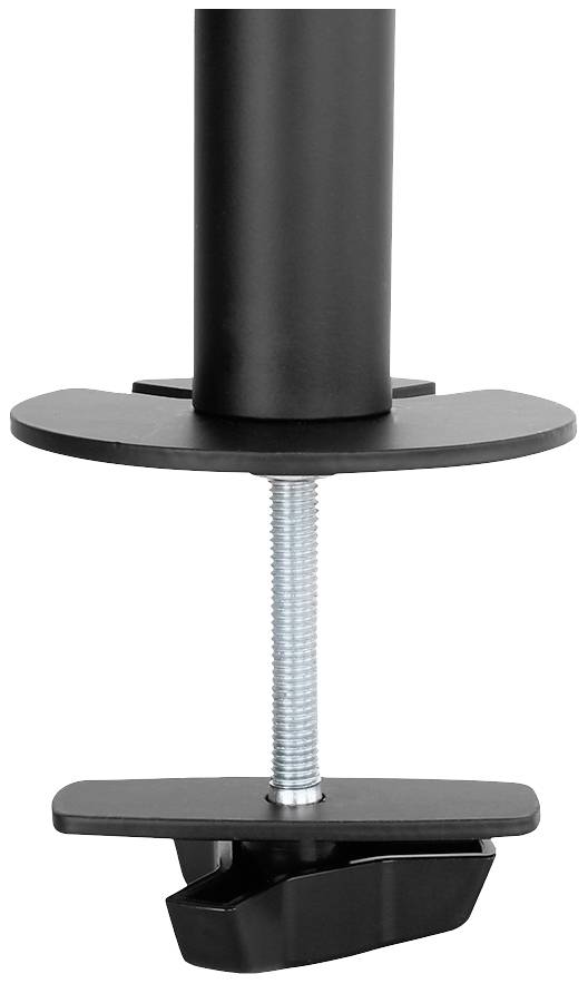 Black powder-coated table clamp with threaded screw, for mounting devices to the tabletop.