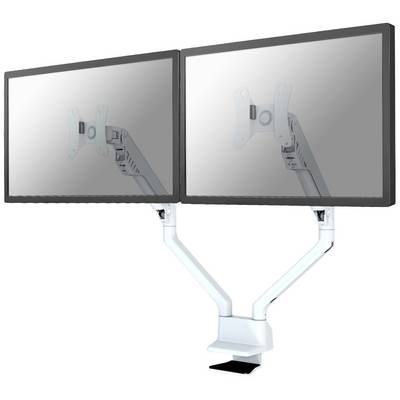 'Two monitors mounted on a white, double-arm stand.'