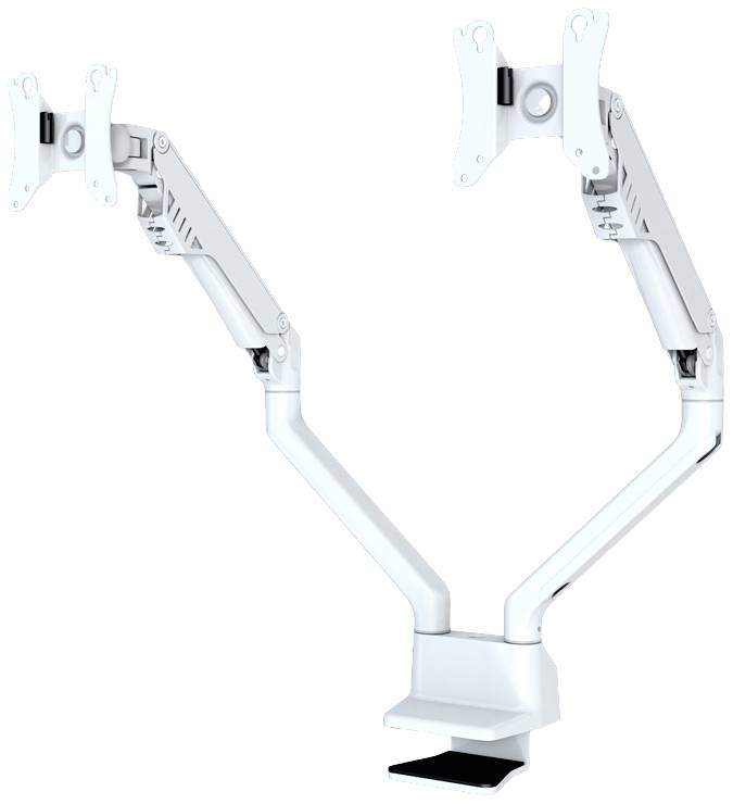 An ergonomic, white dual-monitor arm with adjustable joints for flexible positioning of two monitors on a desk.