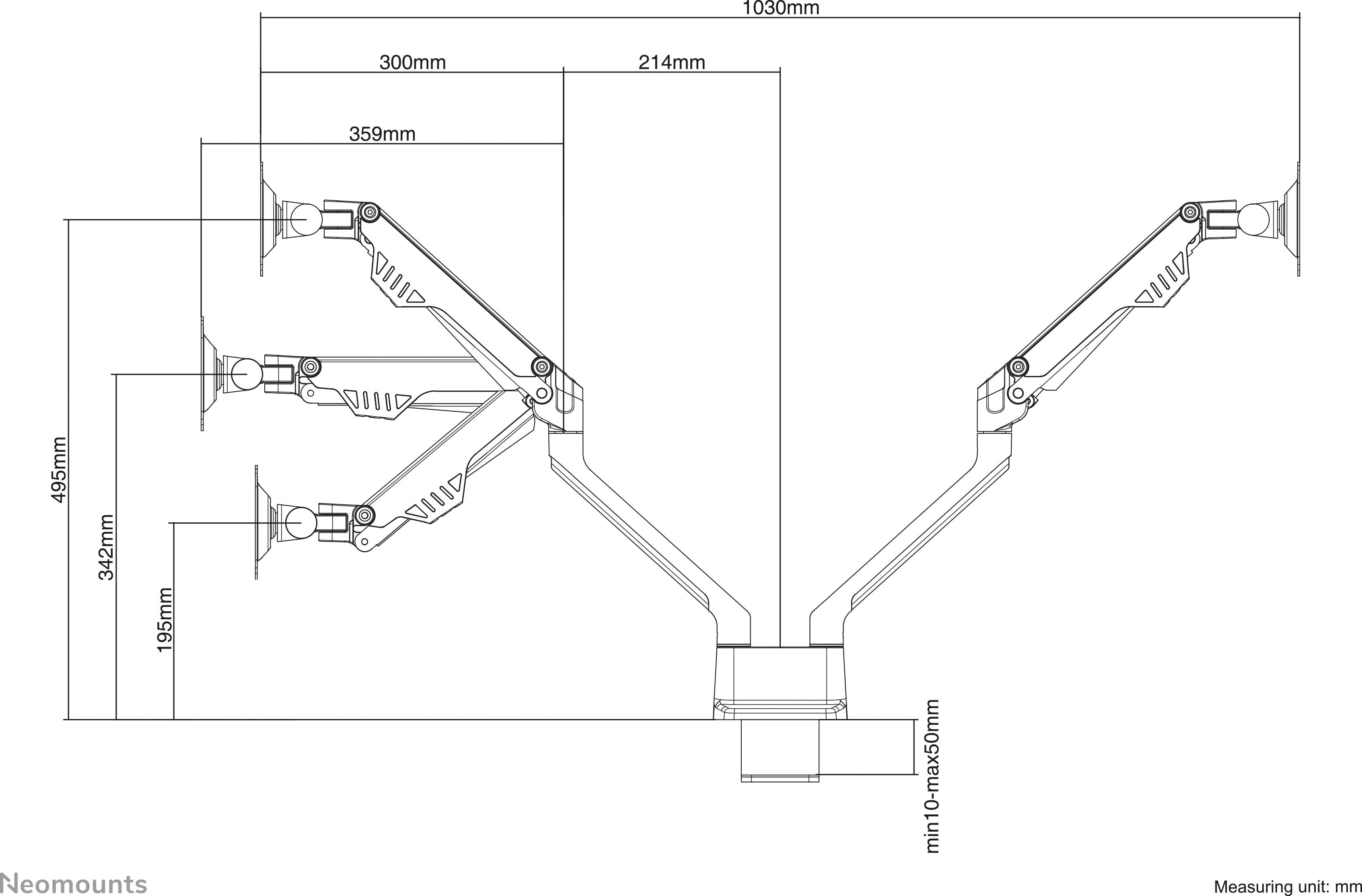 Technical Drawing of a Monitor Arm with Dimensions in Millimetres: Height 195mm to 505mm, Width 1030mm, Arm Length 300mm, 214mm, 395mm.