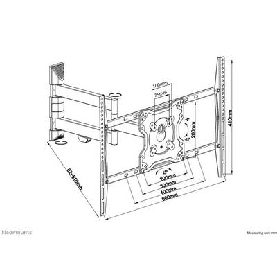 TV Wall Mount, Movable and Tilting, with Dimensions: Height 200-410 mm, Width 300-600 mm; Tilt 45 Degrees Left and Right.