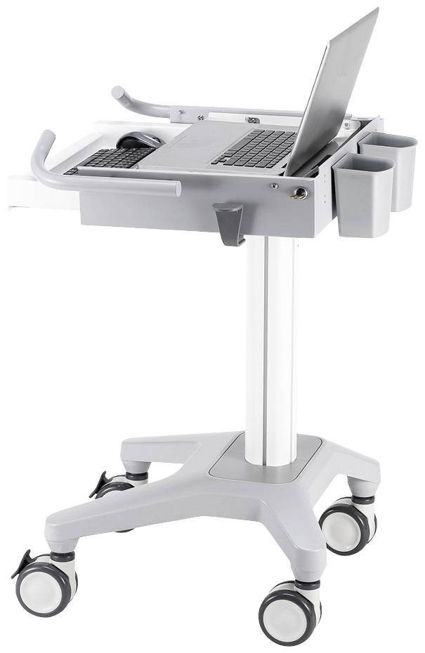 A mobile workstation trolley with laptop, keyboard and compartments, perfect for flexible working in various environments.