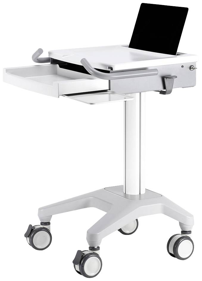 A mobile computer trolley with a tablet, drawer and four castors. The trolley has a white body and provides a work surface.