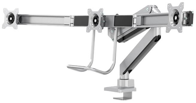 Monitor mount with three arms and adjustable mounting points, made of aluminium, suitable for multiple displays.