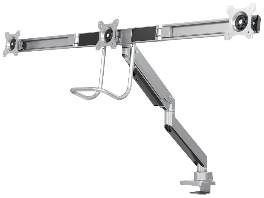 Monitor mount with three pivoting arms and a clamp for attaching to a desk. Silver, adjustable design for multiple monitors.