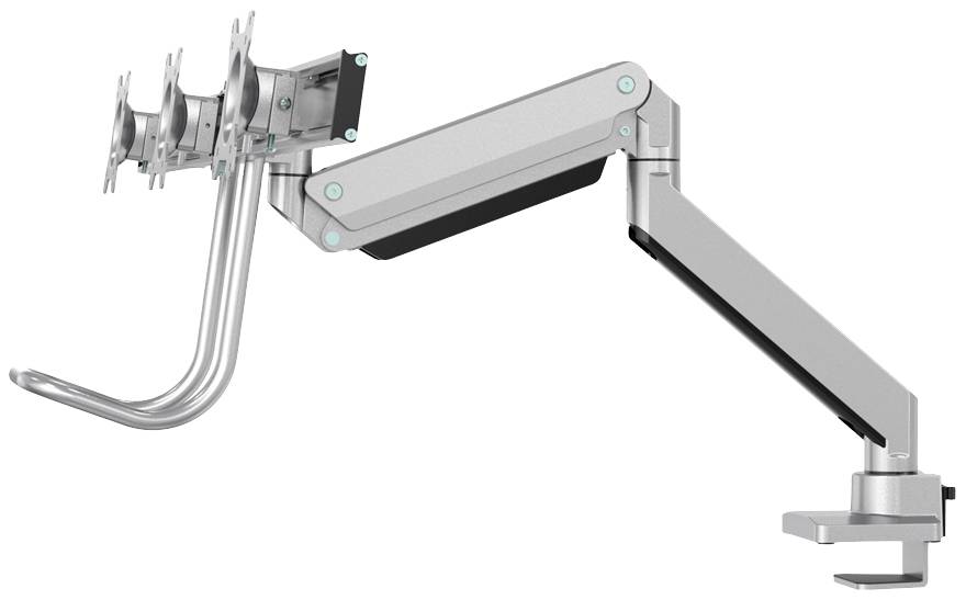 A silver, adjustable monitor arm for mounting on a desk, with multiple screen brackets.