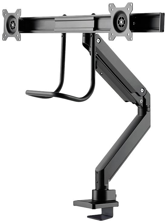 A black, adjustable monitor arm with a dual mount for attaching two screens to a desk.