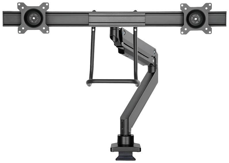 'Monitor arm with two mounts for screens in longitudinal arrangement, adjustable; shows technical details of the construction.'