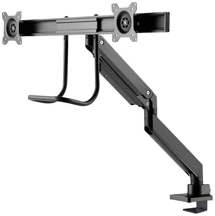 Double monitor arm in black metal with flexible mounting bracket for attaching to a desk, designed to support two screens.