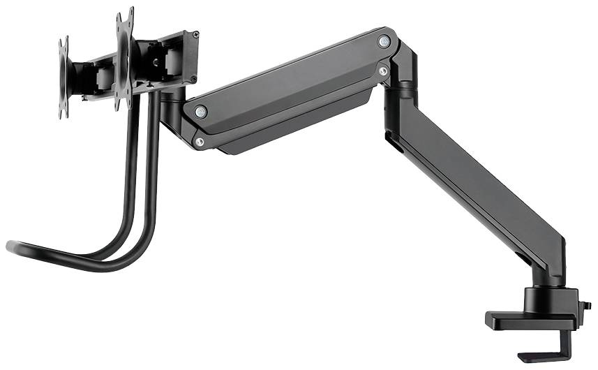 A black, adjustable monitor arm with two mounting points and a cable management system, suitable for desk mounting.