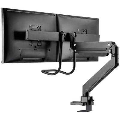 Double monitor mount with articulating arm and clamp attachment, suitable for two screens for optimal positioning.