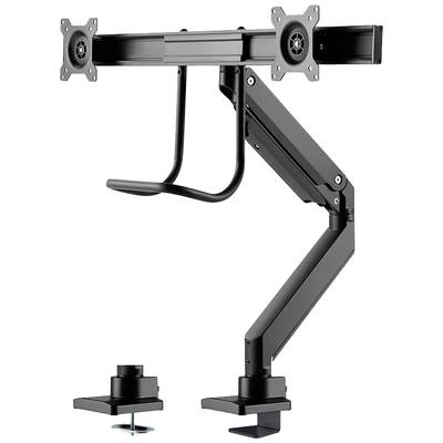 Two-arm monitor stand, black, with mounting brackets, suitable for two screens; flexibly adjustable for ergonomic use.