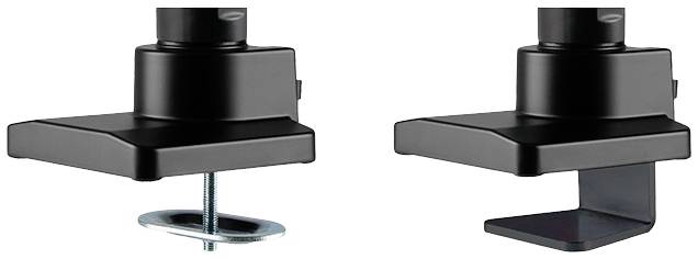 Two black mounting clamps for table mounting. Left: Screw clamp for secure hold. Right: U-clamp for easy placement.