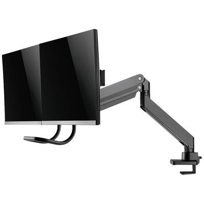 Swing arm monitor mount for desk attachment, enabling flexible positioning and easy screen installation.