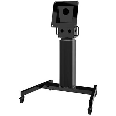 Black, mobile stand with four castors and height-adjustable holder for technical equipment.