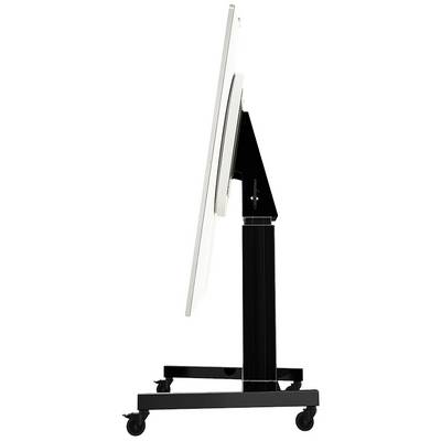 Side view of a mobile whiteboard on castors. The whiteboard is mounted at an angle on a black, height-adjustable stand.