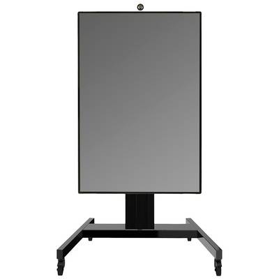 A rectangular, dark grey lectern on wheels with a top attachment.