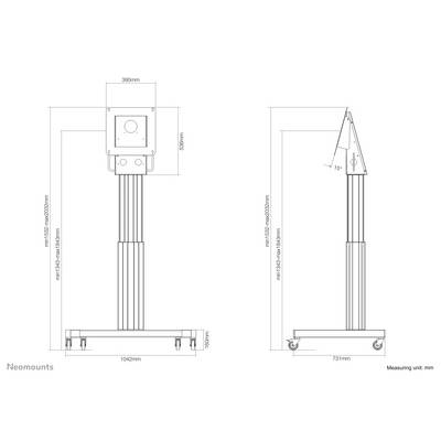 Technical drawings of a mobile tripod with precise dimensions, including height, width, and tilt angle.