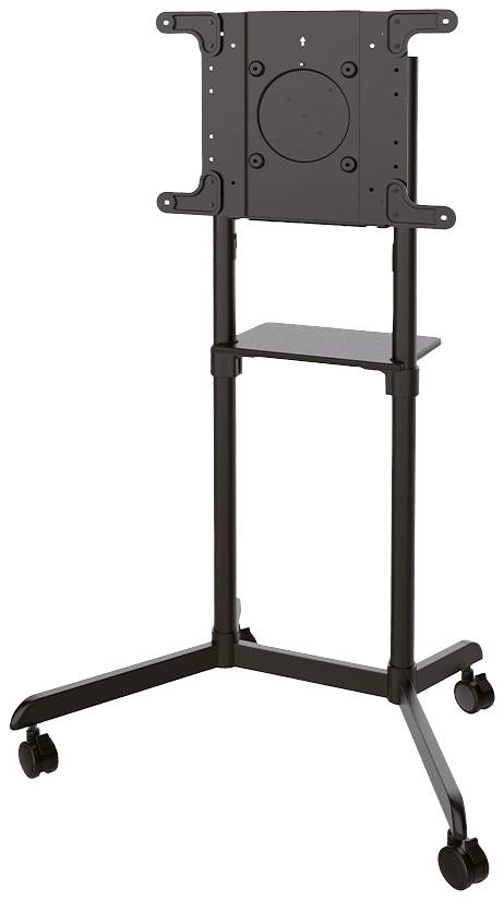 A black, mobile TV stand with height-adjustable mounting bracket and shelf. Suitable for mounting a flat-screen television.