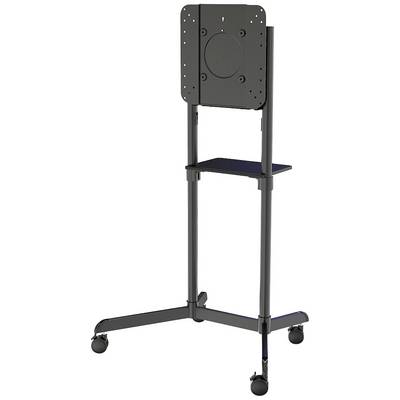 A black, height-adjustable TV stand with castors, suitable for monitors, featuring a central shelf for accessories.